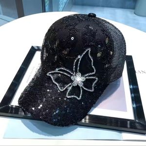 Rhinestone Lace Butterfly Bling Cap